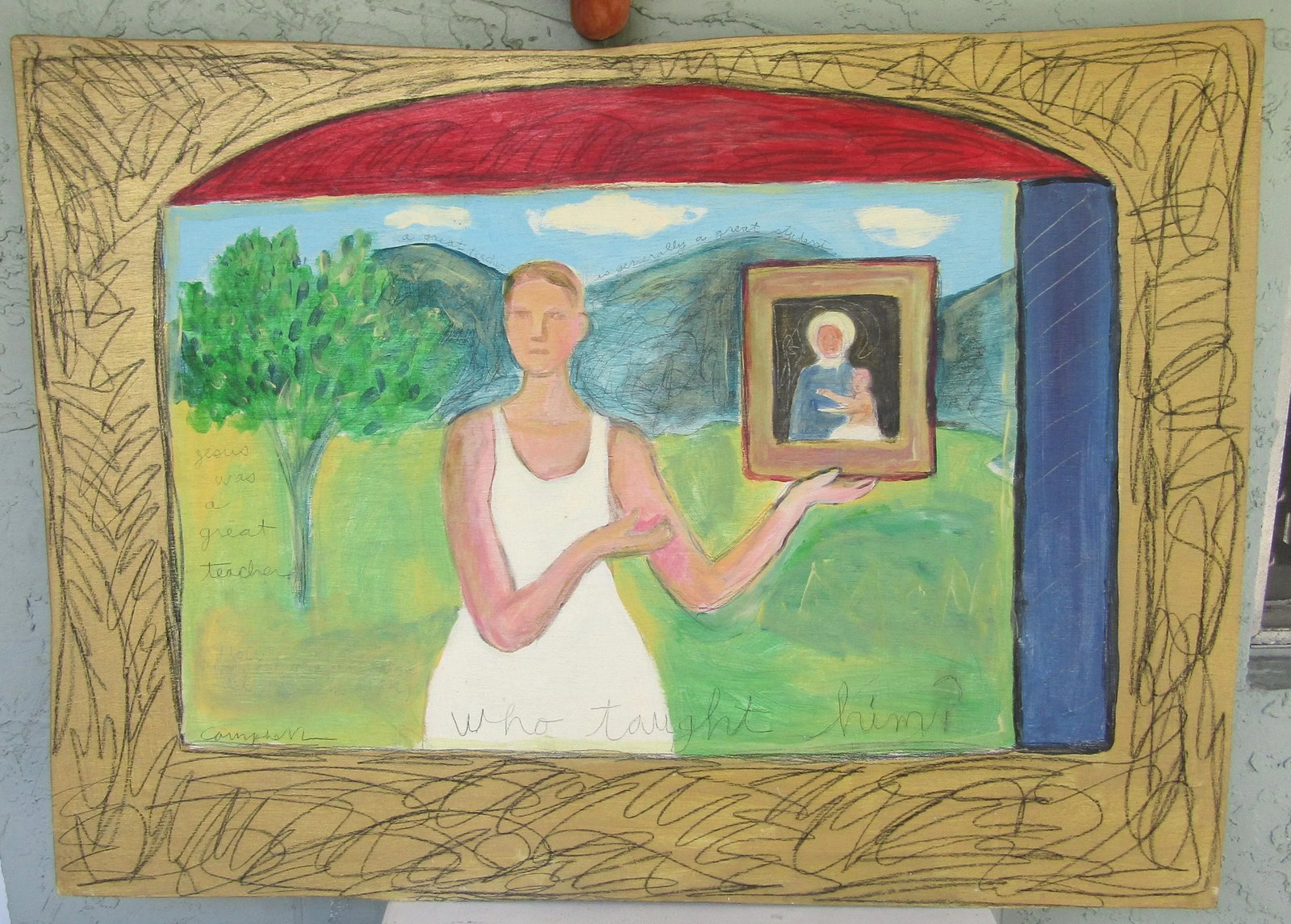 1980s Karin Campfens Folk Art Painting on Wood Woman Holding Portrait of Virgin Mary and Child - 2