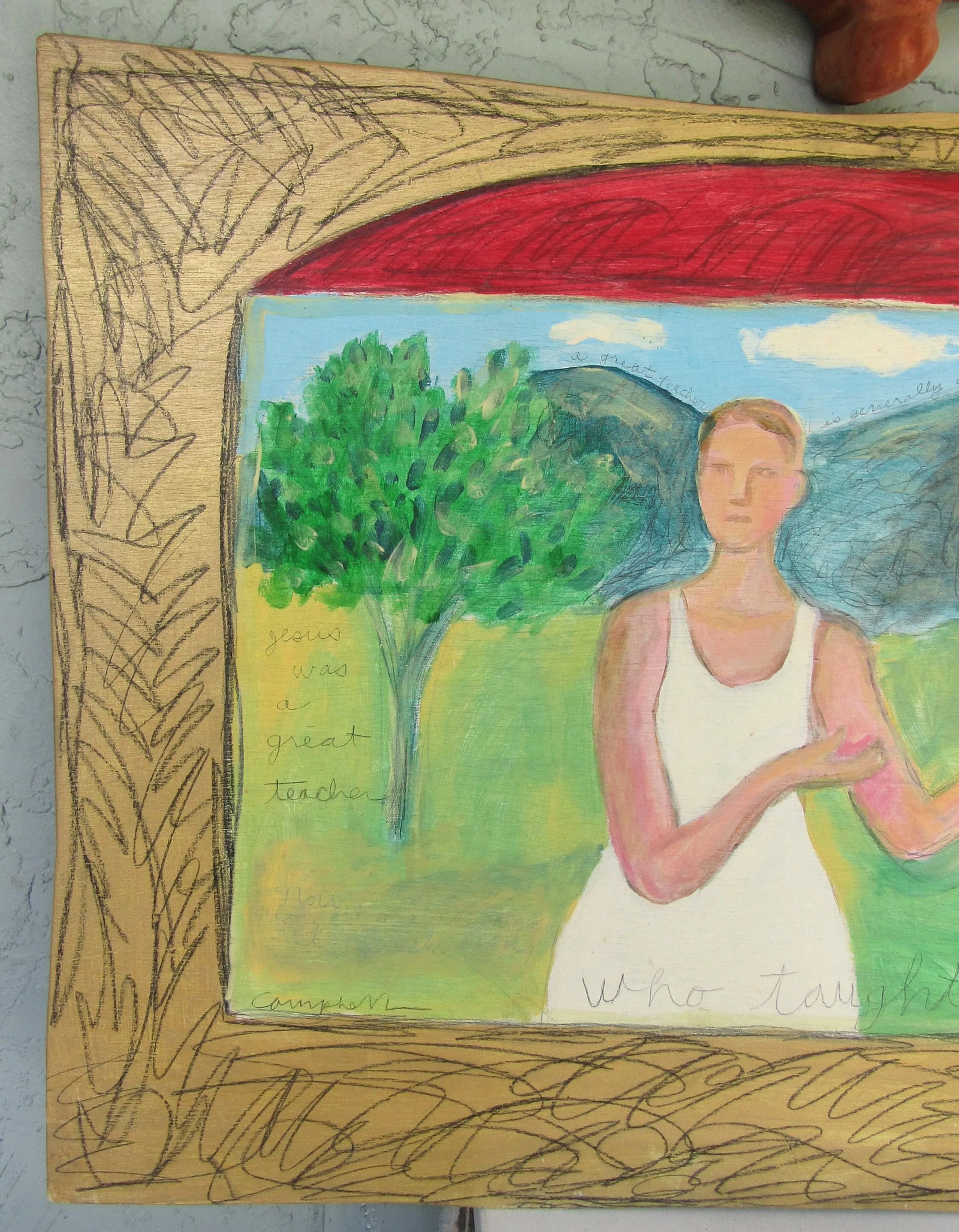 1980s Karin Campfens Folk Art Painting on Wood Woman Holding Portrait of Virgin Mary and Child - 4