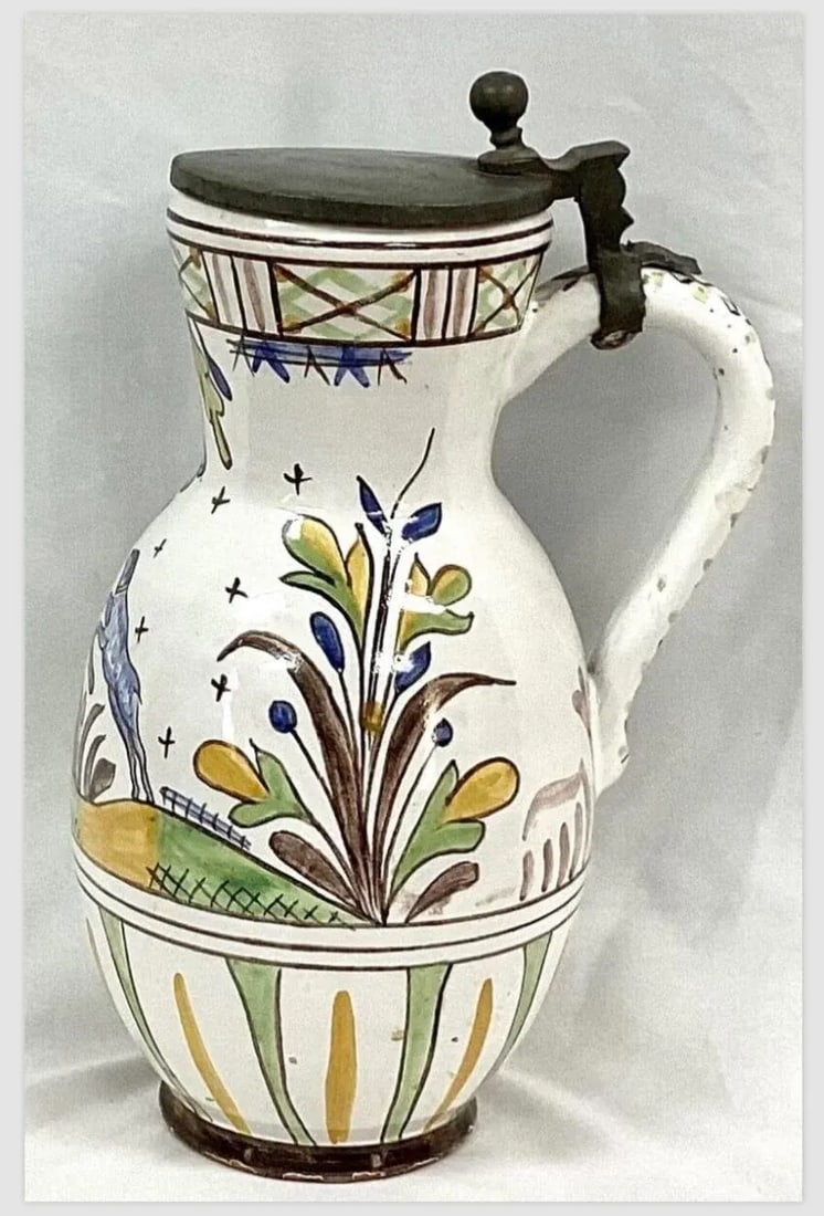Faience Polychrome Decorated Beer Stein With Pewter Lid and Handle - 12