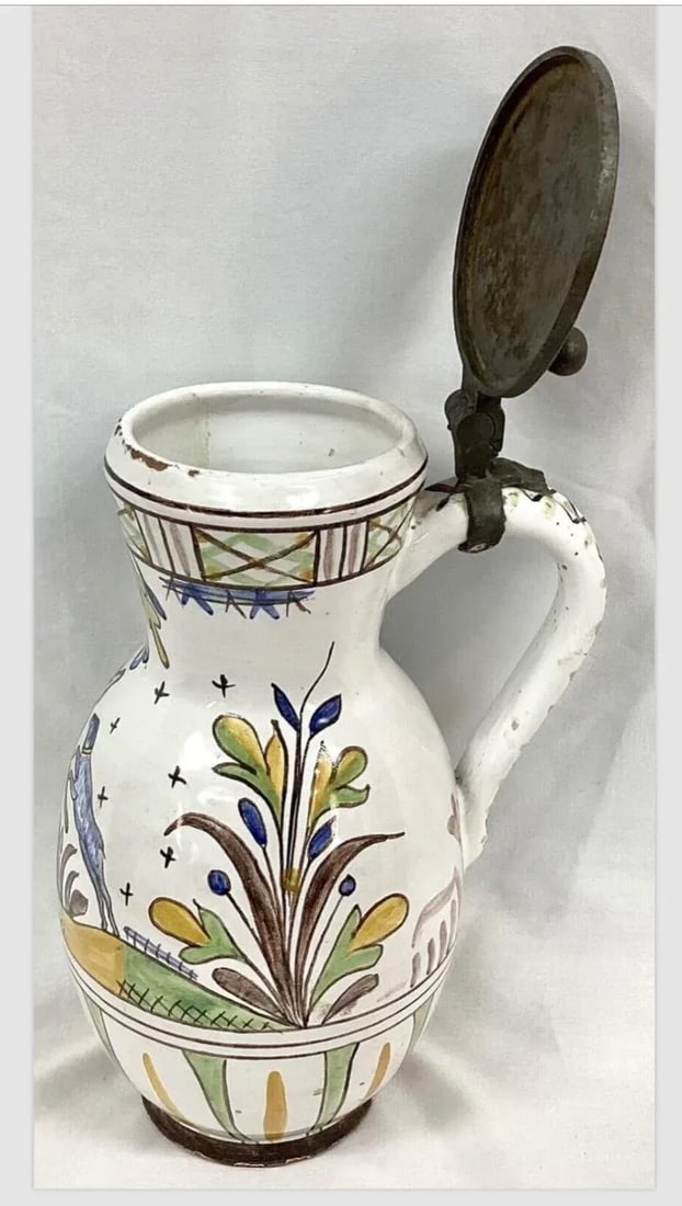 Faience Polychrome Decorated Beer Stein With Pewter Lid and Handle - 2