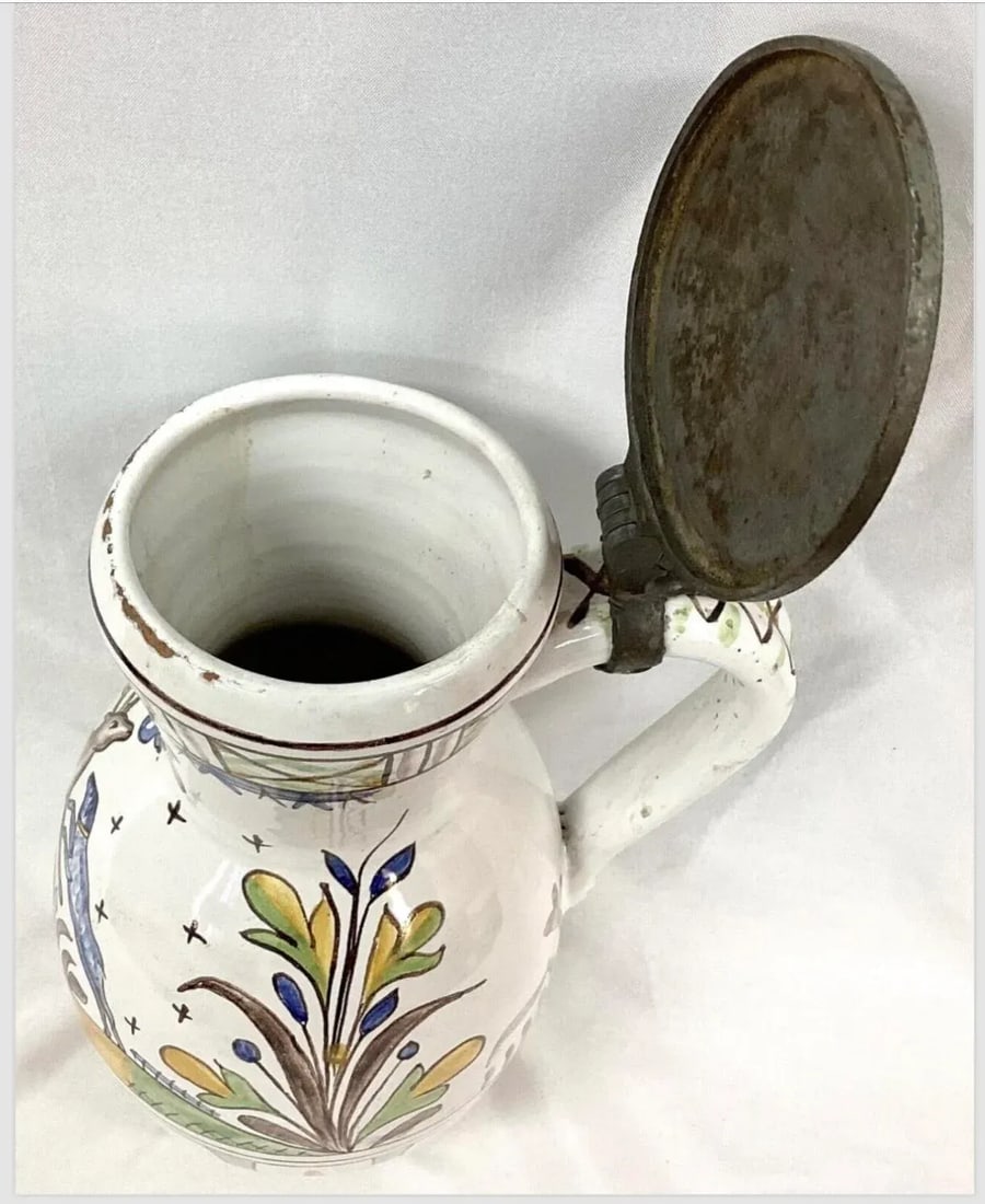 Faience Polychrome Decorated Beer Stein With Pewter Lid and Handle - 3