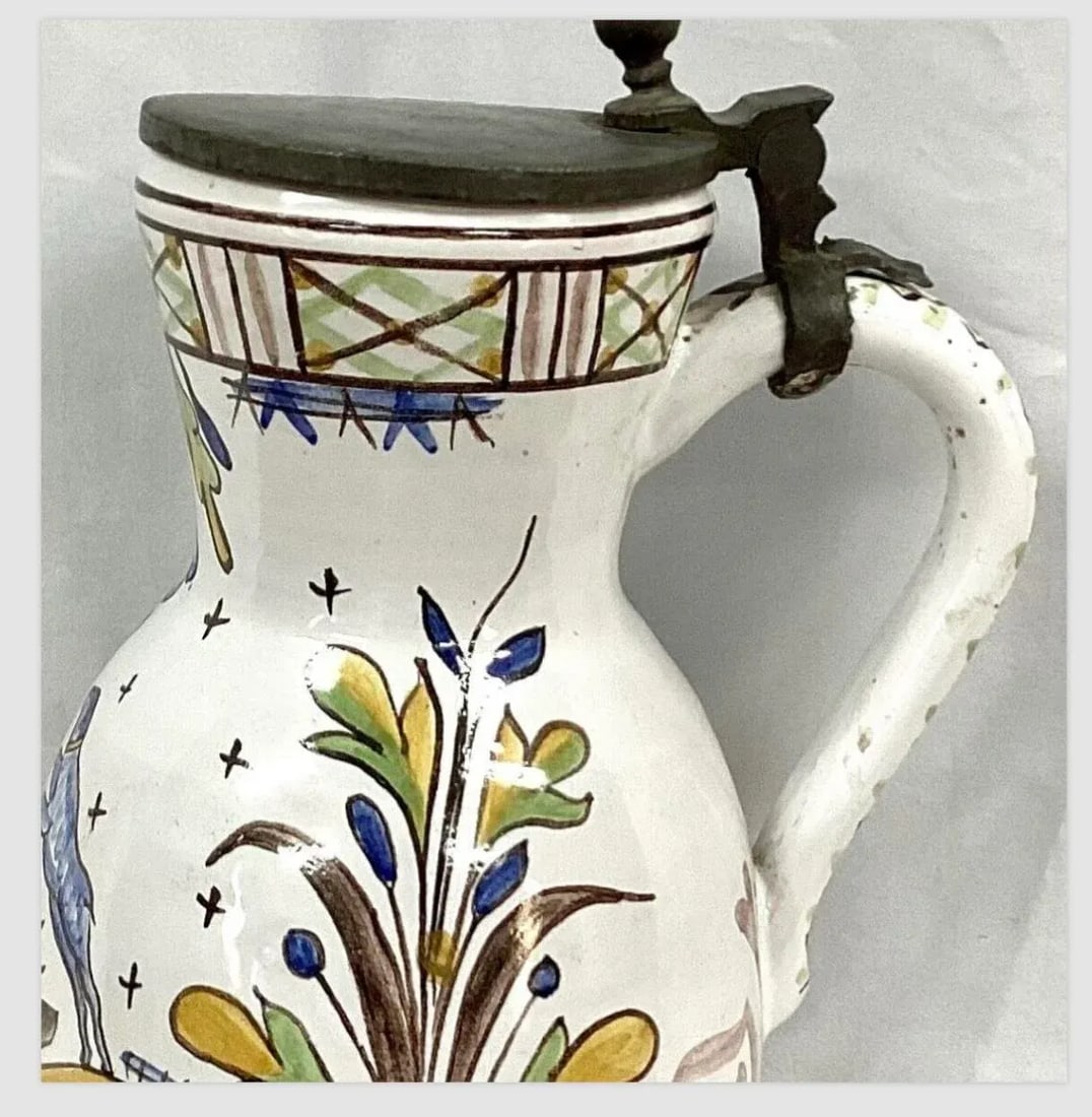 Faience Polychrome Decorated Beer Stein With Pewter Lid and Handle - 4