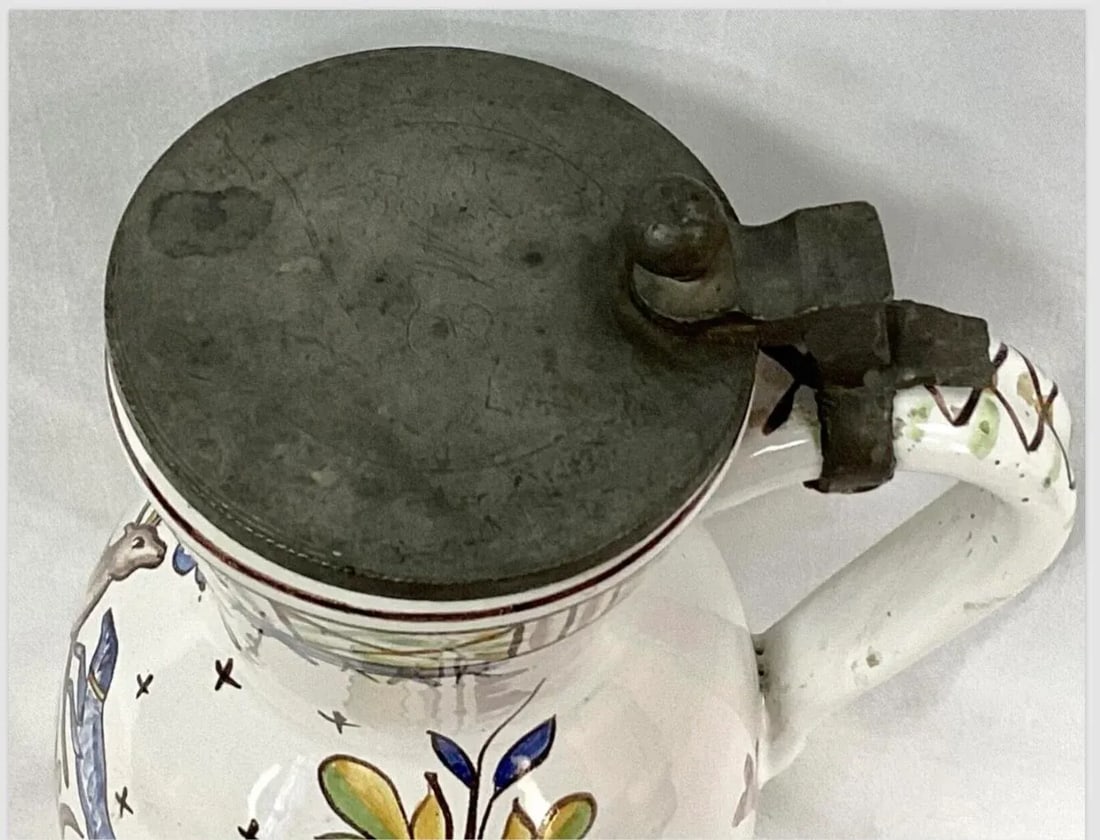 Faience Polychrome Decorated Beer Stein With Pewter Lid and Handle - 5