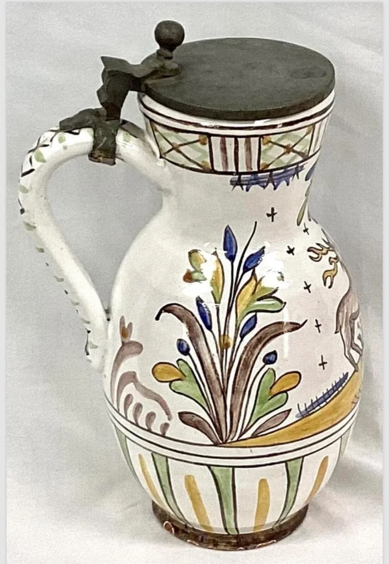 Faience Polychrome Decorated Beer Stein With Pewter Lid and Handle - 6