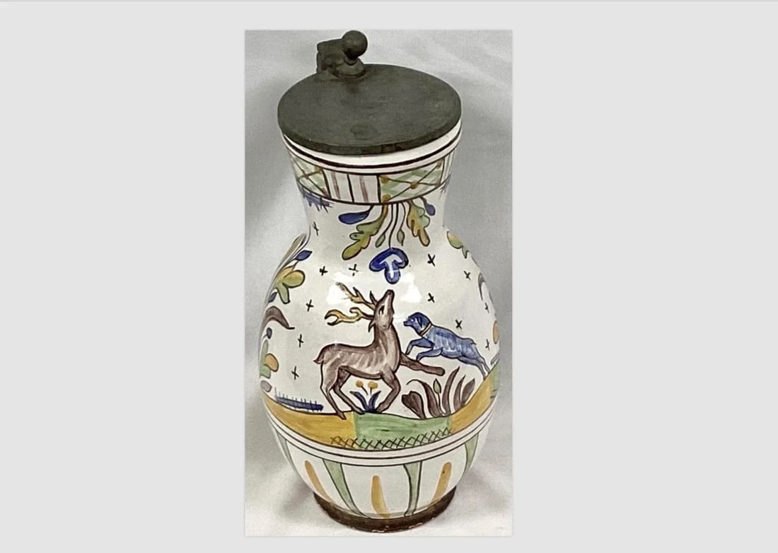 Faience Polychrome Decorated Beer Stein With Pewter Lid and Handle - 7
