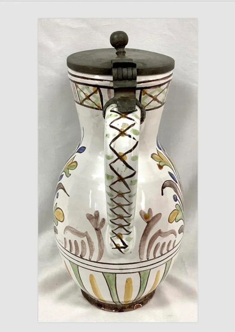 Faience Polychrome Decorated Beer Stein With Pewter Lid and Handle - 8