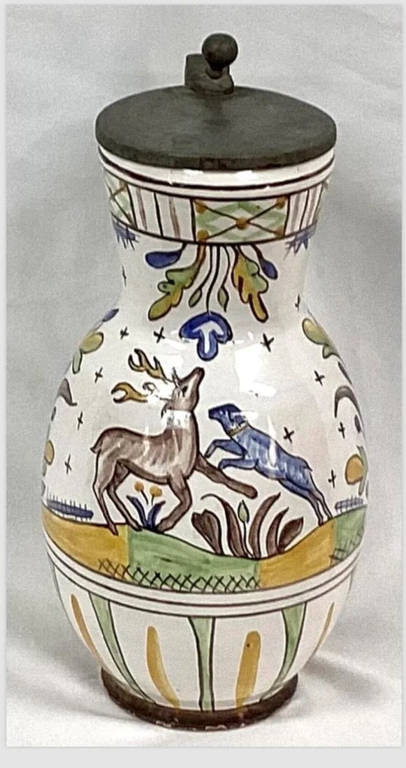 Faience Polychrome Decorated Beer Stein With Pewter Lid and Handle - 9