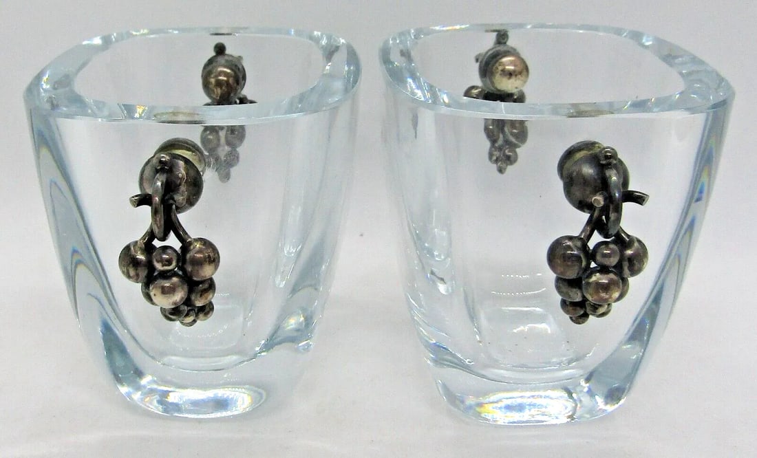 Pair Mid-Century Modern Strombergshyttan Danish Glass Vases Grape Cluster Handles - 3
