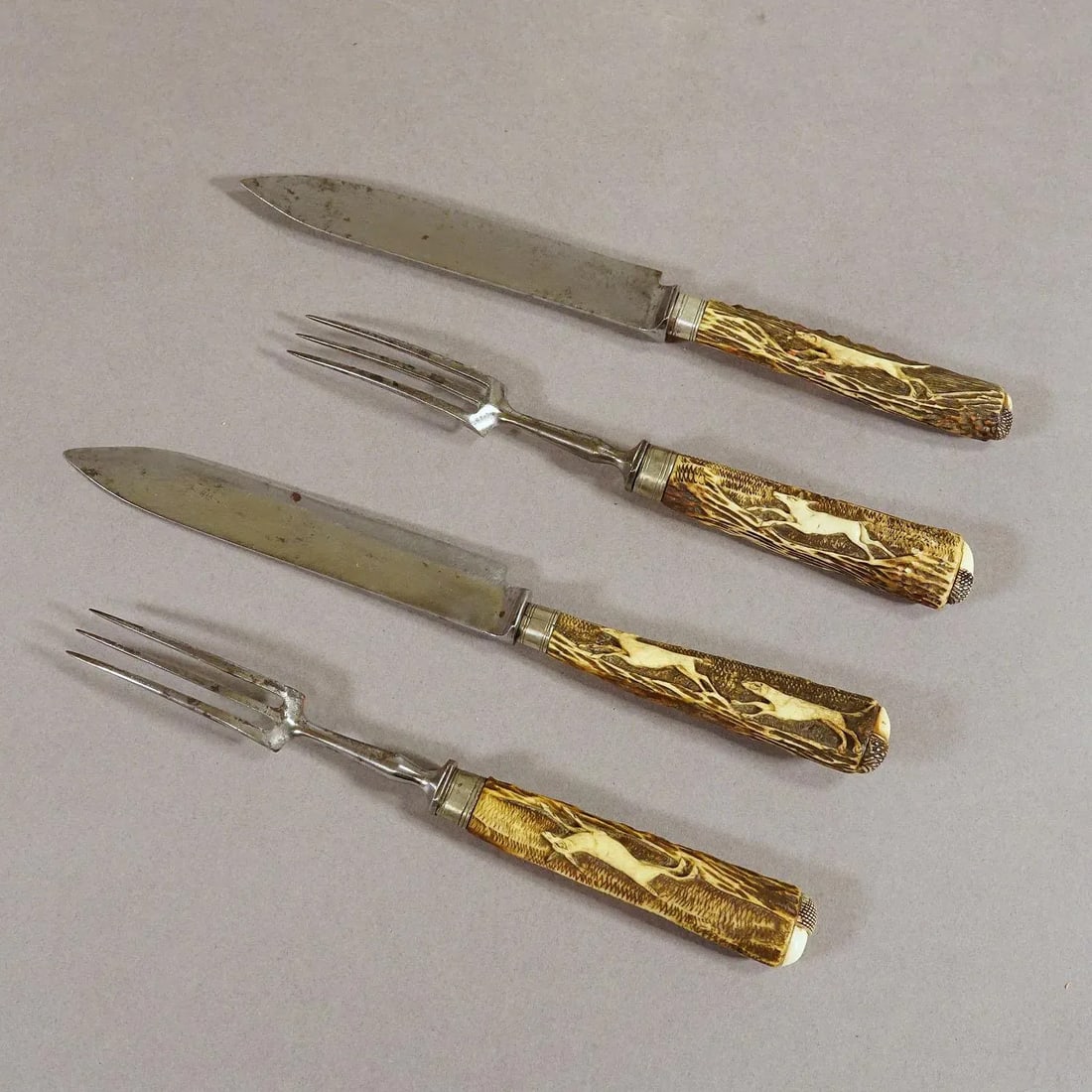 Antique Set of Rustic Hunters Cutlery With Carved Deer Horn Handles- 4 Pieces - 2