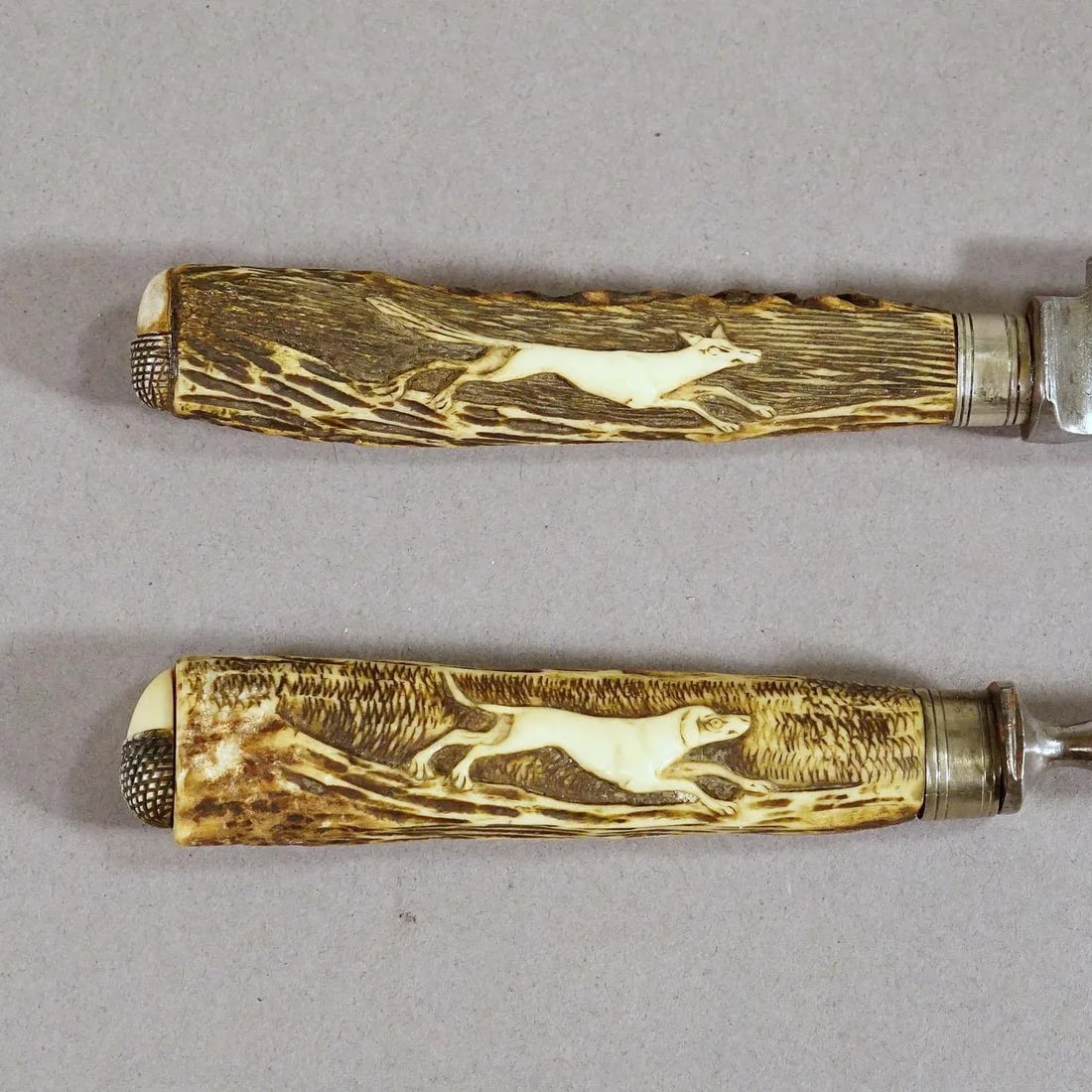 Antique Set of Rustic Hunters Cutlery With Carved Deer Horn Handles- 4 Pieces - 3