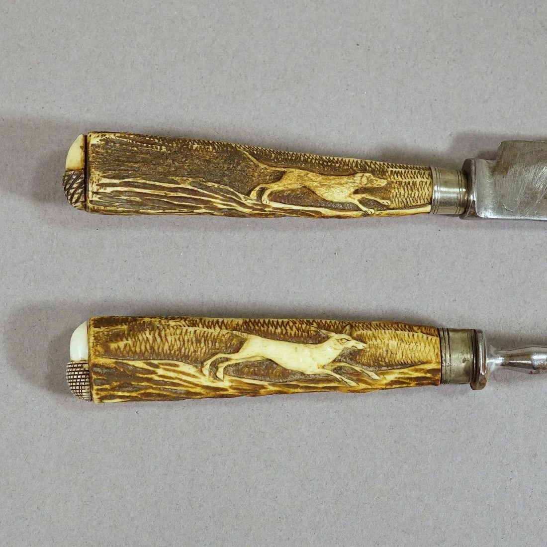 Antique Set of Rustic Hunters Cutlery With Carved Deer Horn Handles- 4 Pieces - 5