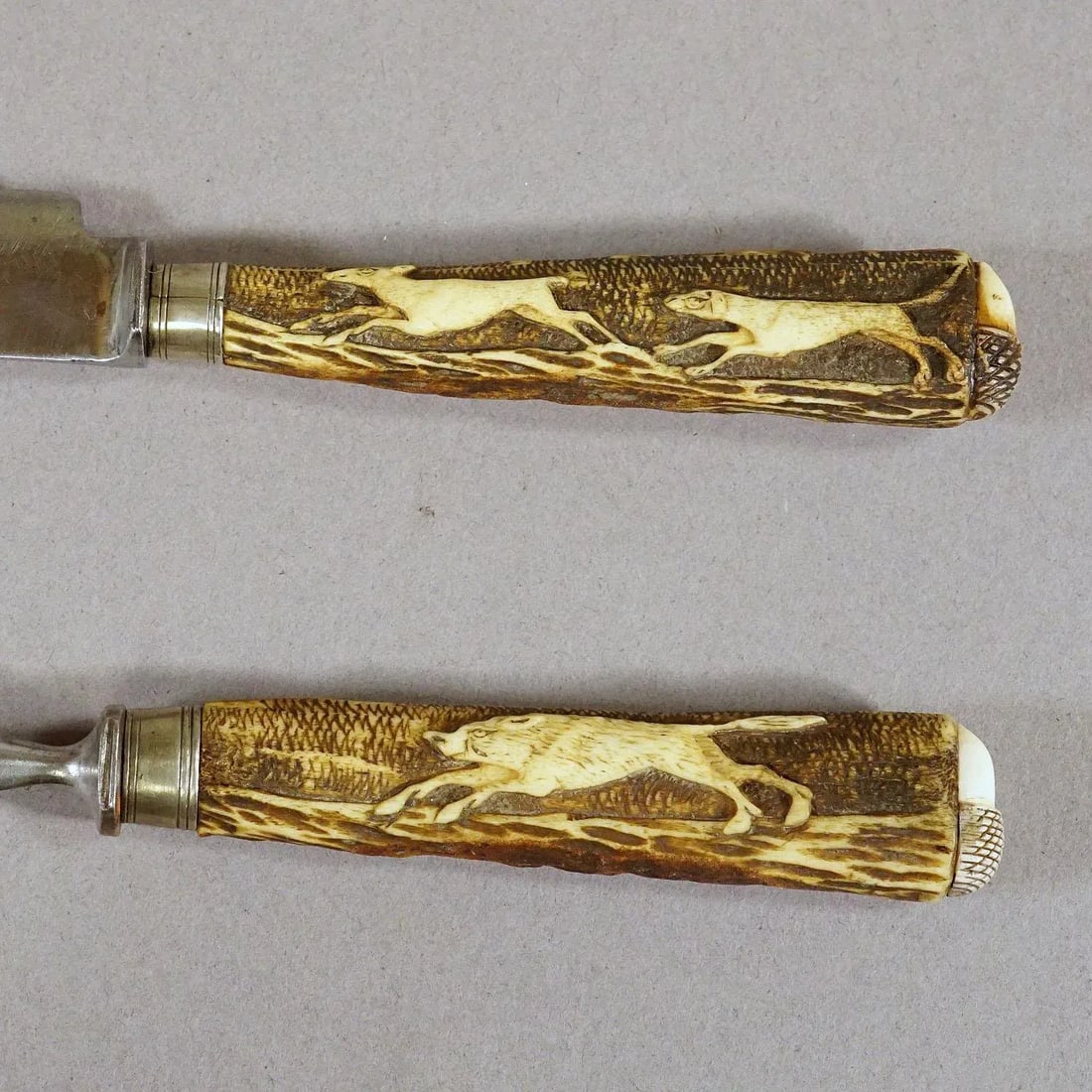 Antique Set of Rustic Hunters Cutlery With Carved Deer Horn Handles- 4 Pieces - 6