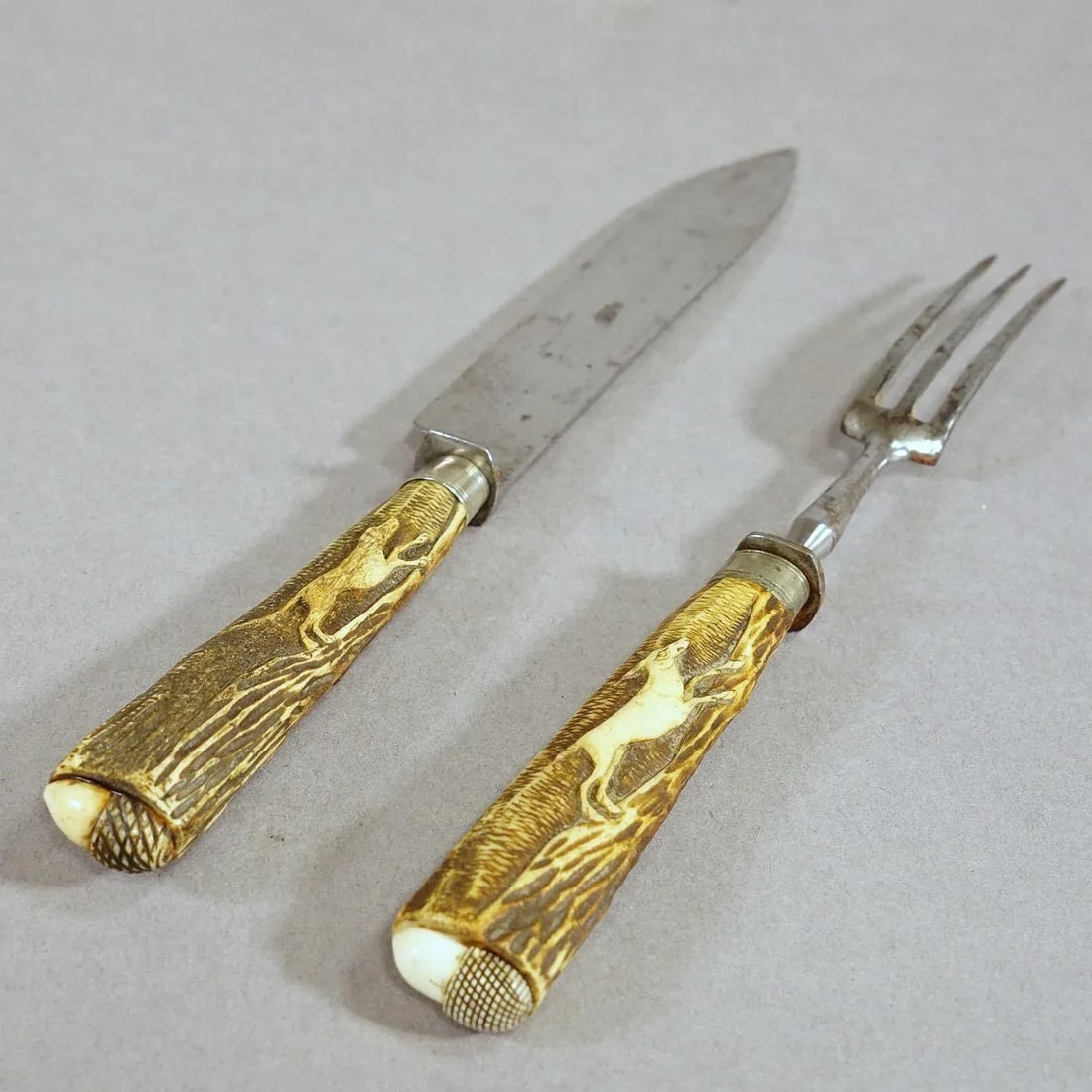 Antique Set of Rustic Hunters Cutlery With Carved Deer Horn Handles- 4 Pieces - 7