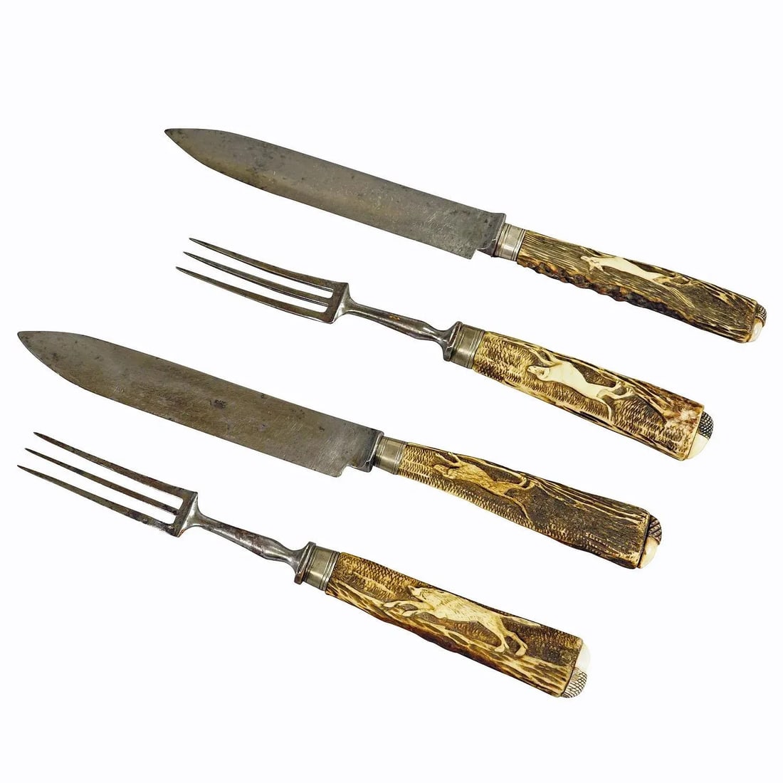 Antique Set of Rustic Hunters Cutlery With Carved Deer Horn Handles- 4 Pieces - 8