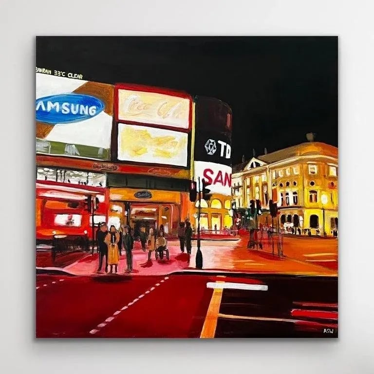 Piccadilly Circus in London City at Night With Red Bus by Urban Landscape Artist - 2