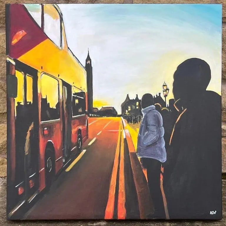 Westminster Sunset in London With Open Top Bus by British Urban Landscape Artist - 3