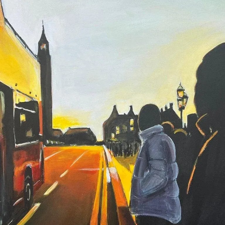 Westminster Sunset in London With Open Top Bus by British Urban Landscape Artist - 4