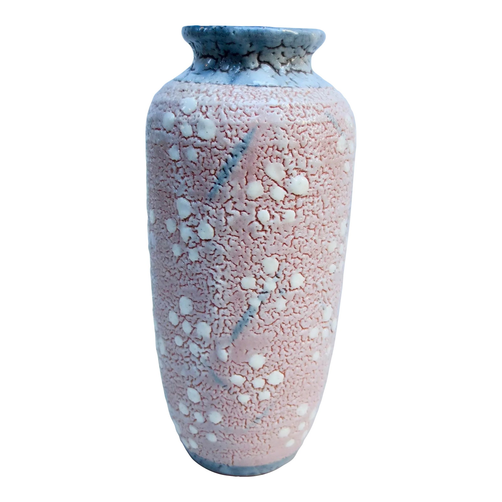 Japanese Studio Pottery Vase: Fine studio tall vase. Japanese mid-century glazed vase with a pebbled texture and dotted floral design. Cast in a red clay body and blue trim edges top and bottom. Glazed on the bottom with a studio