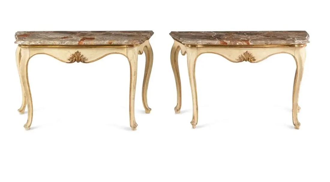 Pair of 19th Century Italian Painted and Gilt Marble-Top Console Tables - 10