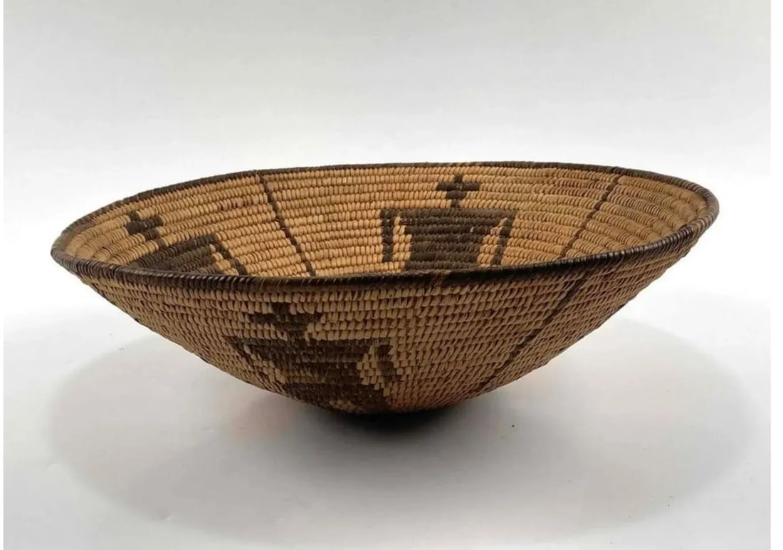 Native American Style Basket With Geometric Figural Motif - 7