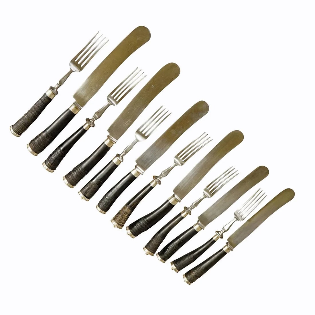 Antique Set of Rustic Hunters Cutlery With Chamois Horn Handles - 12