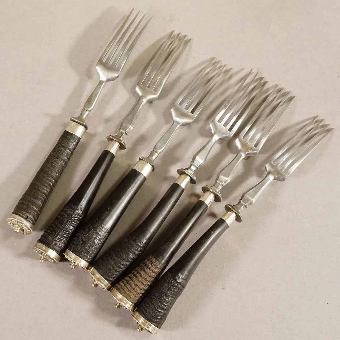 Antique Set of Rustic Hunters Cutlery With Chamois Horn Handles - 6