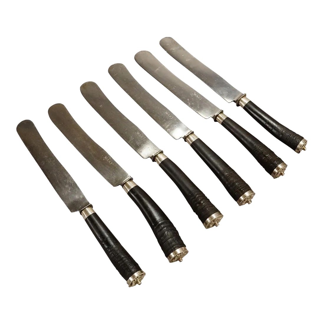 Antique Set of Rustic Hunters Knives With Chamois Horn Handles: Antique Set of Rustic Hunters Knives with Chamois Horn Handles A rare antique set of six knives. The handles are made of genuine chamois horn and feature a decorated silver knob on their ends. The bla