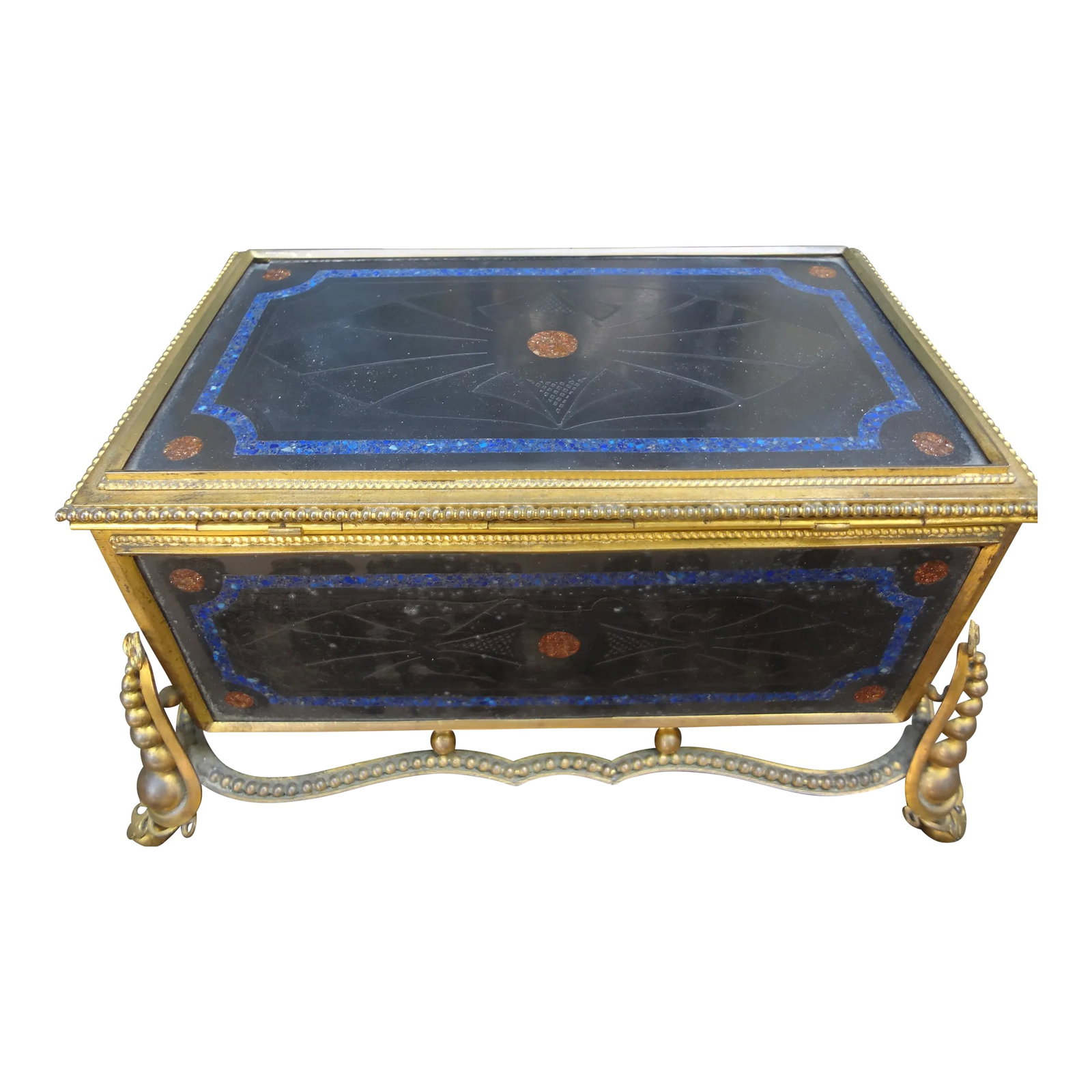 19th Century French Bronze Box With Semi Precious Stones: 19th century French bronze box with semi precious stones. Lovely 19th century French Baroque style bronze box or jewel casket with semi precious stones retaining the original tufted fabric lining. Gre