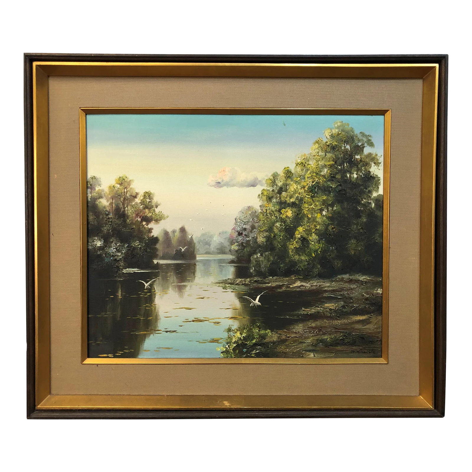 Early 20th Century River Original Oil on Canvas Signed on the Bottom, Framed: This captivating original oil painting beautifully captures the serenity of a river landscape bathed in gentle light. Measuring 32" x 27" with its frame, this signed artwork showcases a tranquil