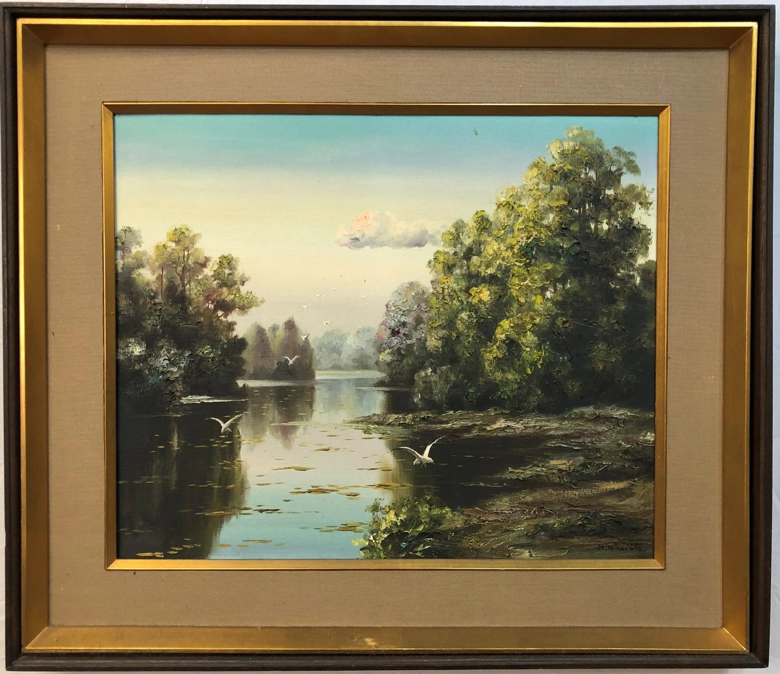 Early 20th Century River Original Oil on Canvas Signed on the Bottom, Framed - 2
