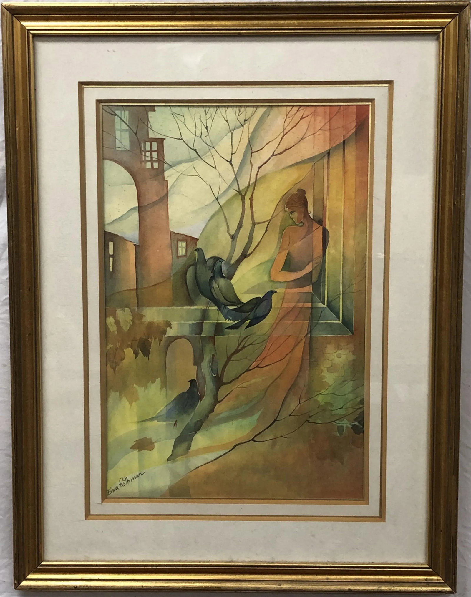 Early 20th Century Woman and the Birds, Original Watercolor, Signed, Framed - 2