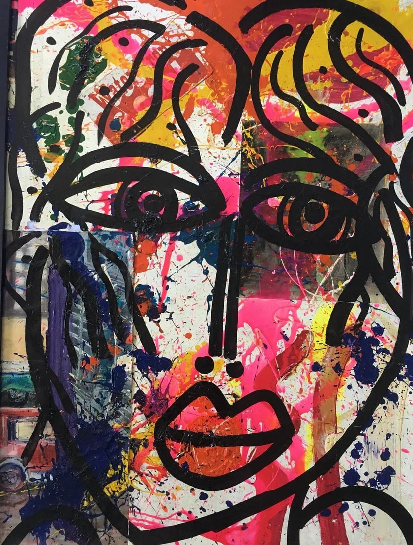 Peter Keil, Large Abstract Face Mixed-Media Painting, 1980s - 3