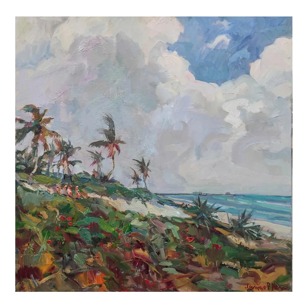 Sunday Morning Contemporary Impressionist Landscape Oil Painting by James P. Kerr: 40x40. Oil on canvas by Florida artist James P. Kerr. Morning walk down to the beach in Florida. Signed lower right of painting, signed and inscribed on the back Condition: Alterations: Original