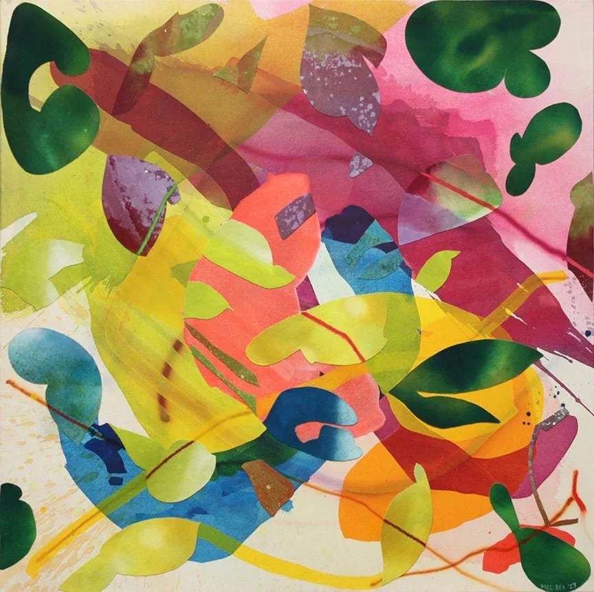 Vanilla Bean Original Abstract Mixed-Media Collage Painting by Mel Rea: Painting title :: Vanilla Bean :: 40"x40" :: mixed media collage on canvas :: by Mel Rea "I paint to create a momentary window of stillness: evoking calm, humor, and beauty. With color and shape, I as