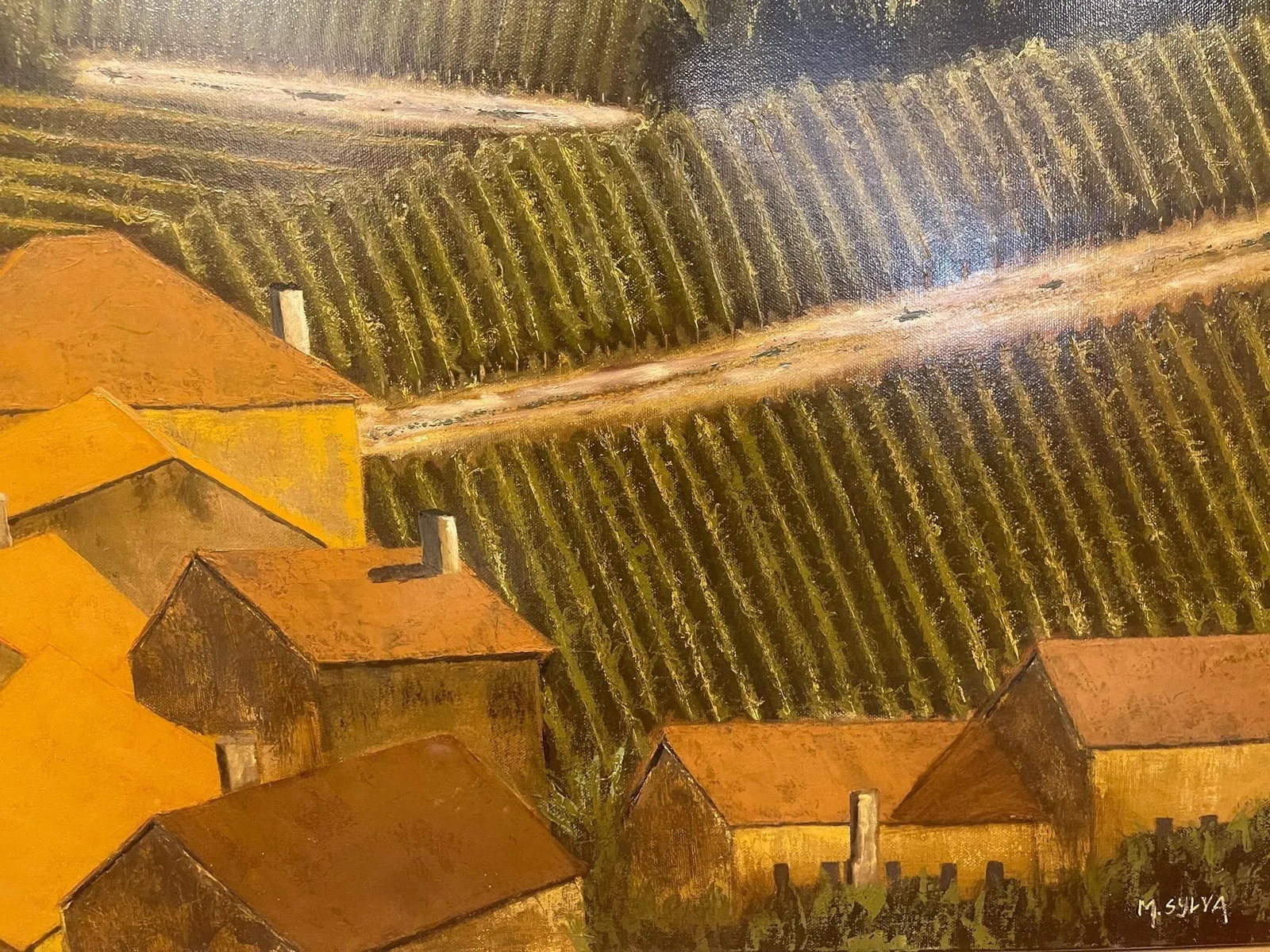 Framed Oil Painting on Linen "Red Tile Roof, St. Emilion, Bordeaux" by Mark Sylva - 11