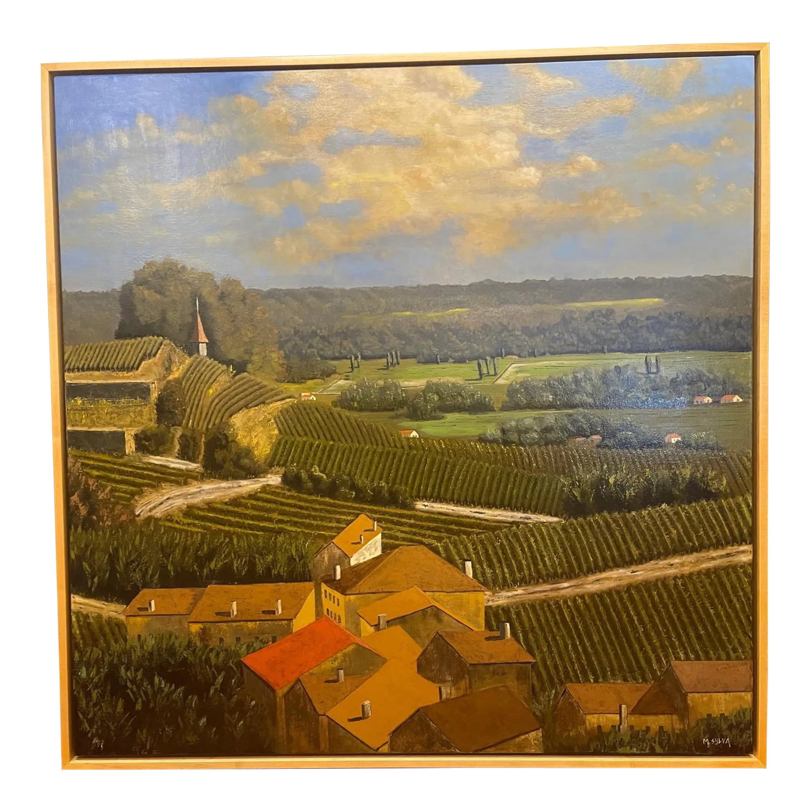 Framed Oil Painting on Linen "Red Tile Roof, St. Emilion, Bordeaux" by Mark Sylva: Mark Sylva is an artist with an eye for beauty that was born gazing at the waters around Cape Cod. His love of the sea and boating was an early influence that ultimately led to a career in painting.