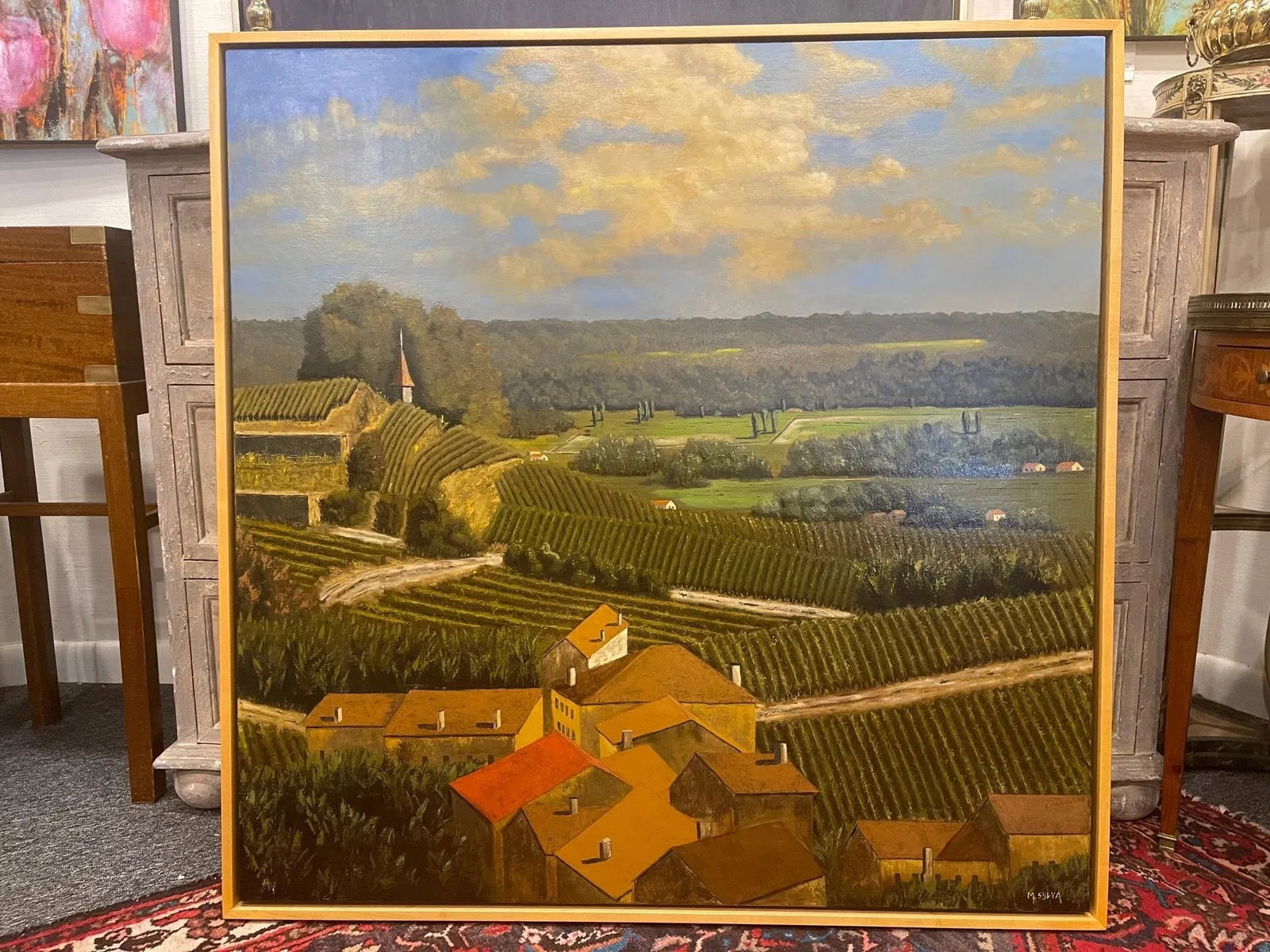 Framed Oil Painting on Linen "Red Tile Roof, St. Emilion, Bordeaux" by Mark Sylva - 9