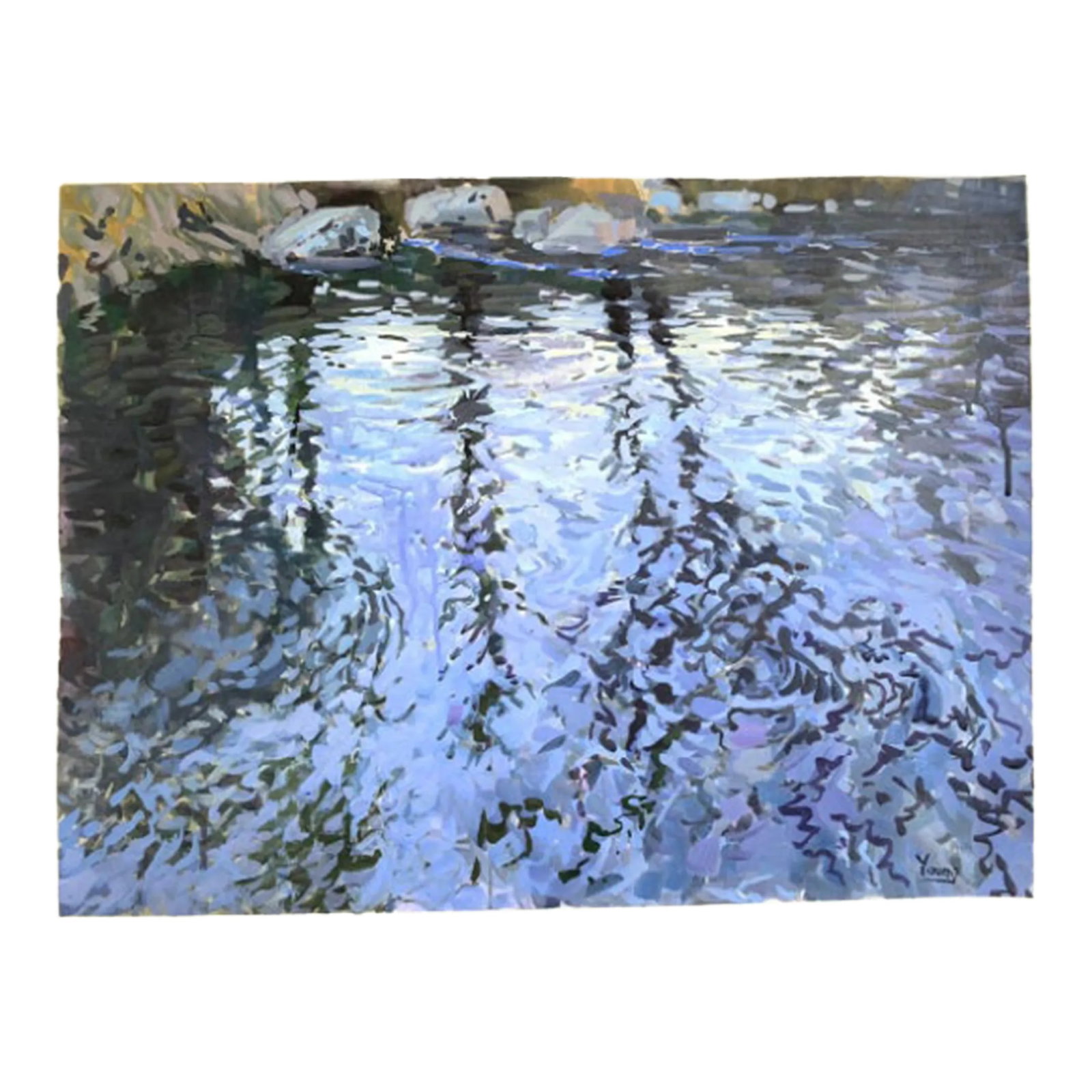 Moving Water Contemporary Expressionist Landscape Painting on Paper by Bryan Young: Moving water, contemporary landscape painting. Acrylic on paper. Measures 18x24 inches. A white border in left around the painting to allow for matte and frame. Painted on heavy archival watercolor