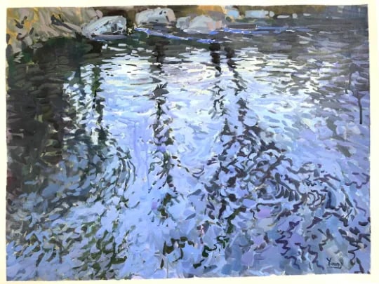 Moving Water Contemporary Expressionist Landscape Painting on Paper by Bryan Young - 3