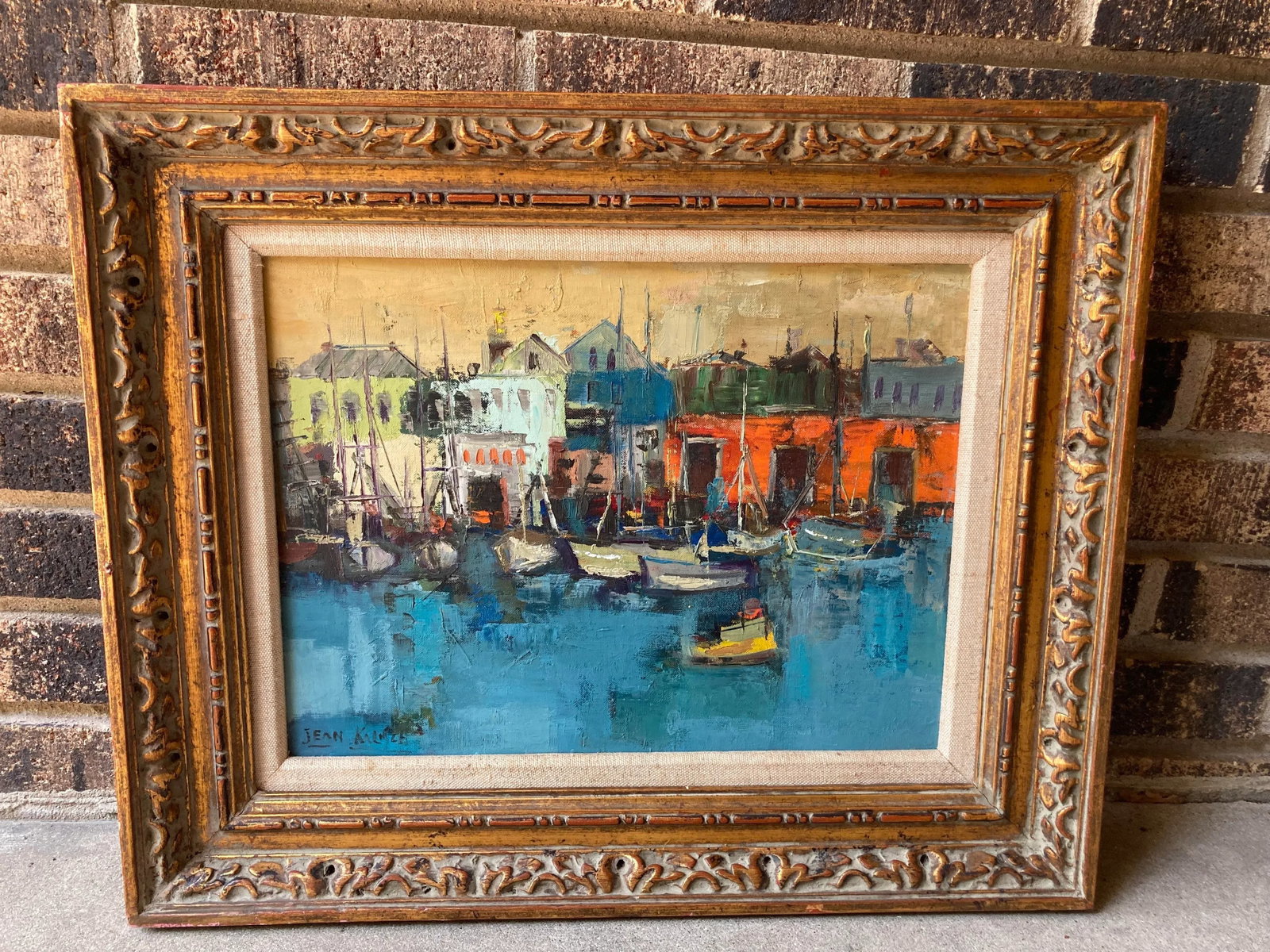 Jean Kalisch Modern Sea Harbor View / Boats Oil Painting Mid Century Gold Gilt Frame - 13