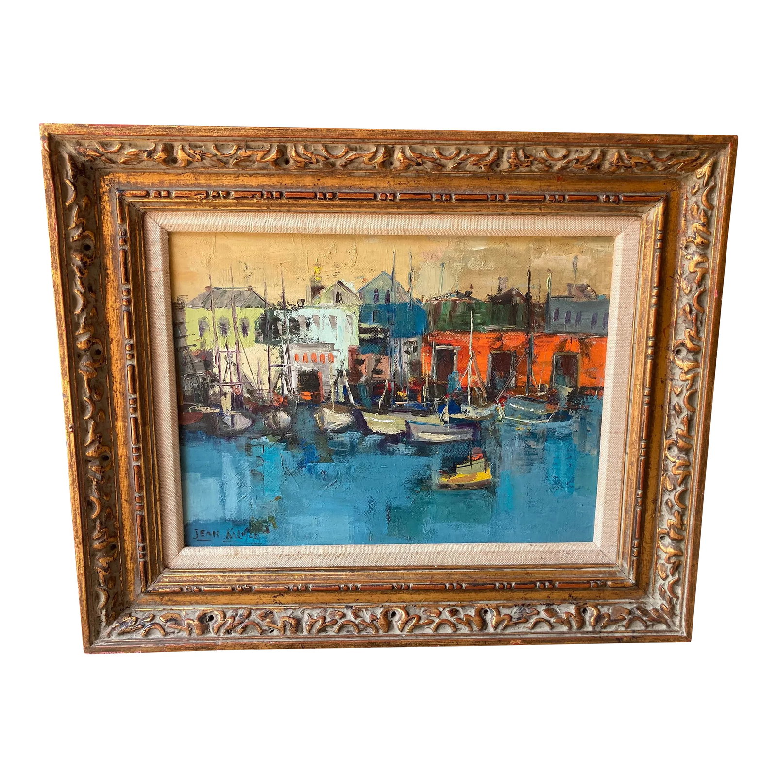Jean Kalisch Modern Sea Harbor View / Boats Oil Painting Mid Century Gold Gilt Frame: Jean Kalisch Modern Sea Harbor View / Boats Small Town Oil Painting Mid Century Ornate Gold Gilt Wood Frame with frame: 22" x 18" x 1 1/2" Condition: Alterations: Original Condition Unaltered Imperfec