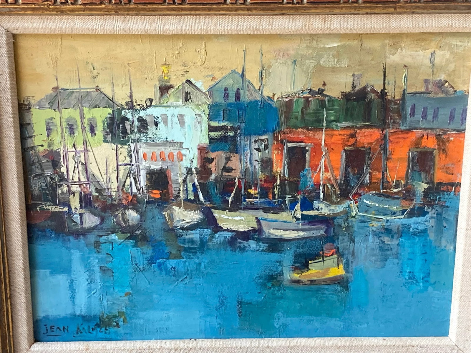 Jean Kalisch Modern Sea Harbor View / Boats Oil Painting Mid Century Gold Gilt Frame - 2