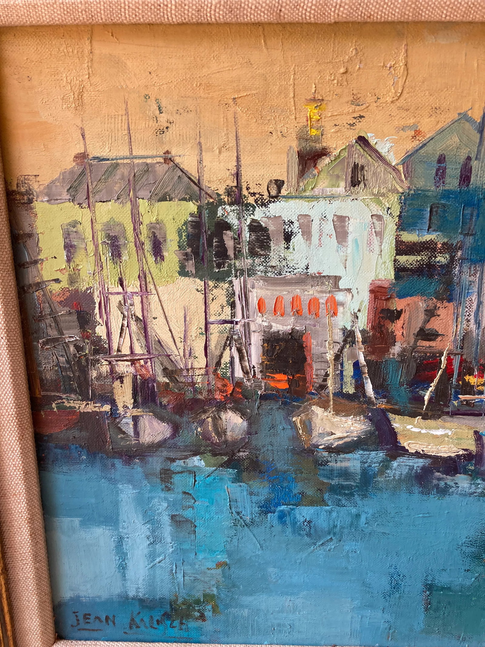 Jean Kalisch Modern Sea Harbor View / Boats Oil Painting Mid Century Gold Gilt Frame - 3