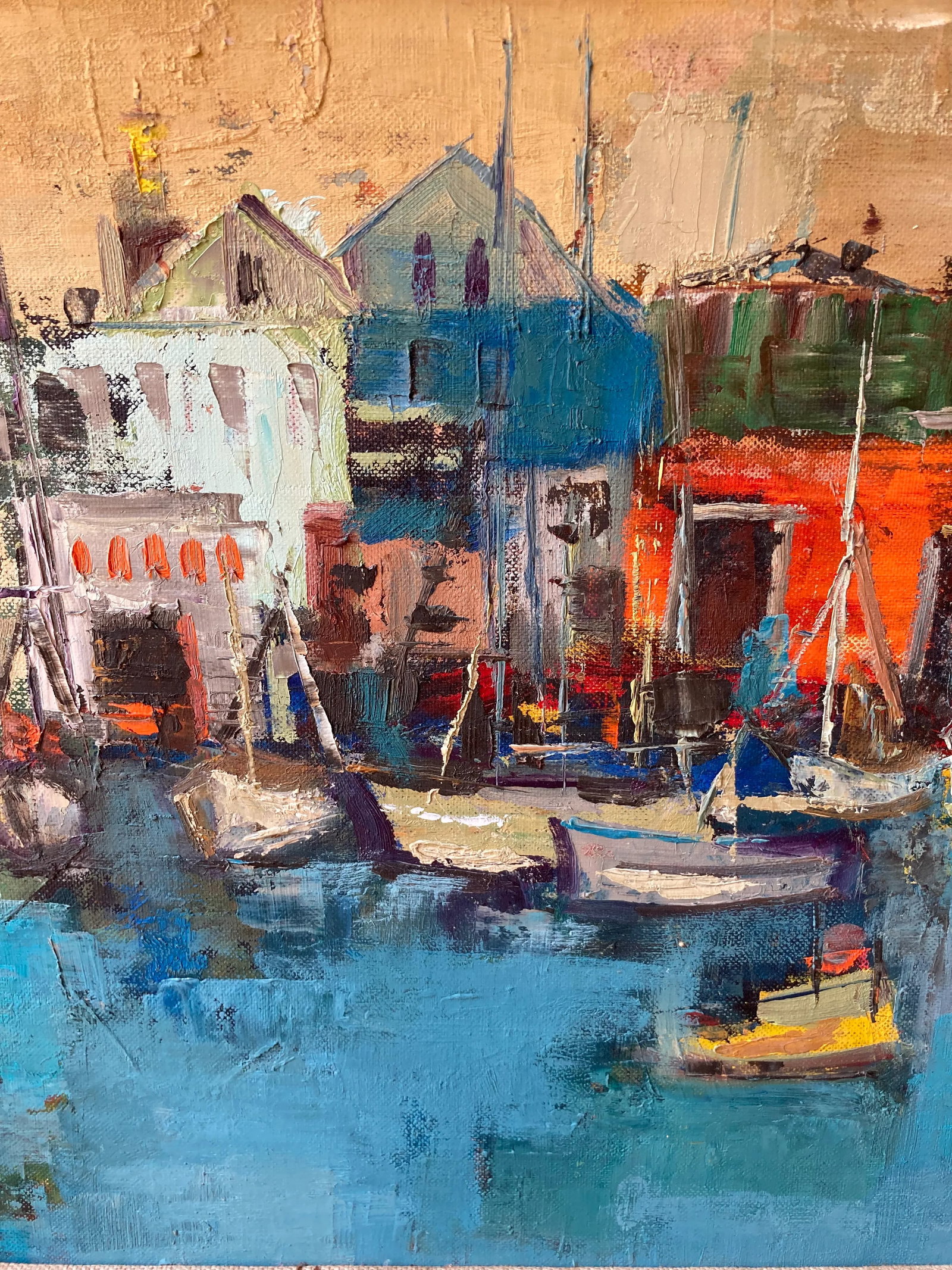 Jean Kalisch Modern Sea Harbor View / Boats Oil Painting Mid Century Gold Gilt Frame - 4