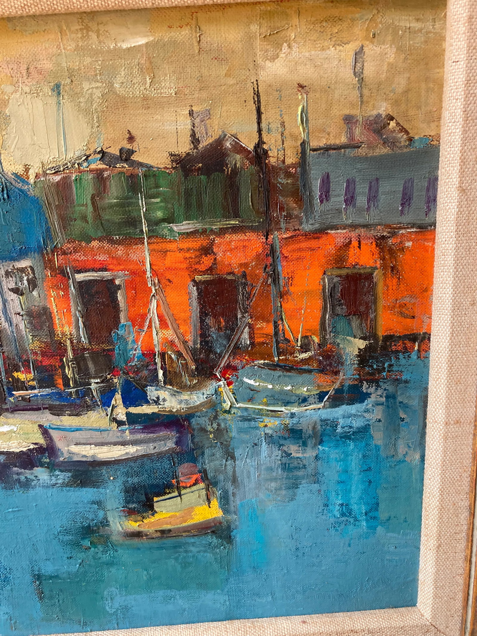 Jean Kalisch Modern Sea Harbor View / Boats Oil Painting Mid Century Gold Gilt Frame - 5