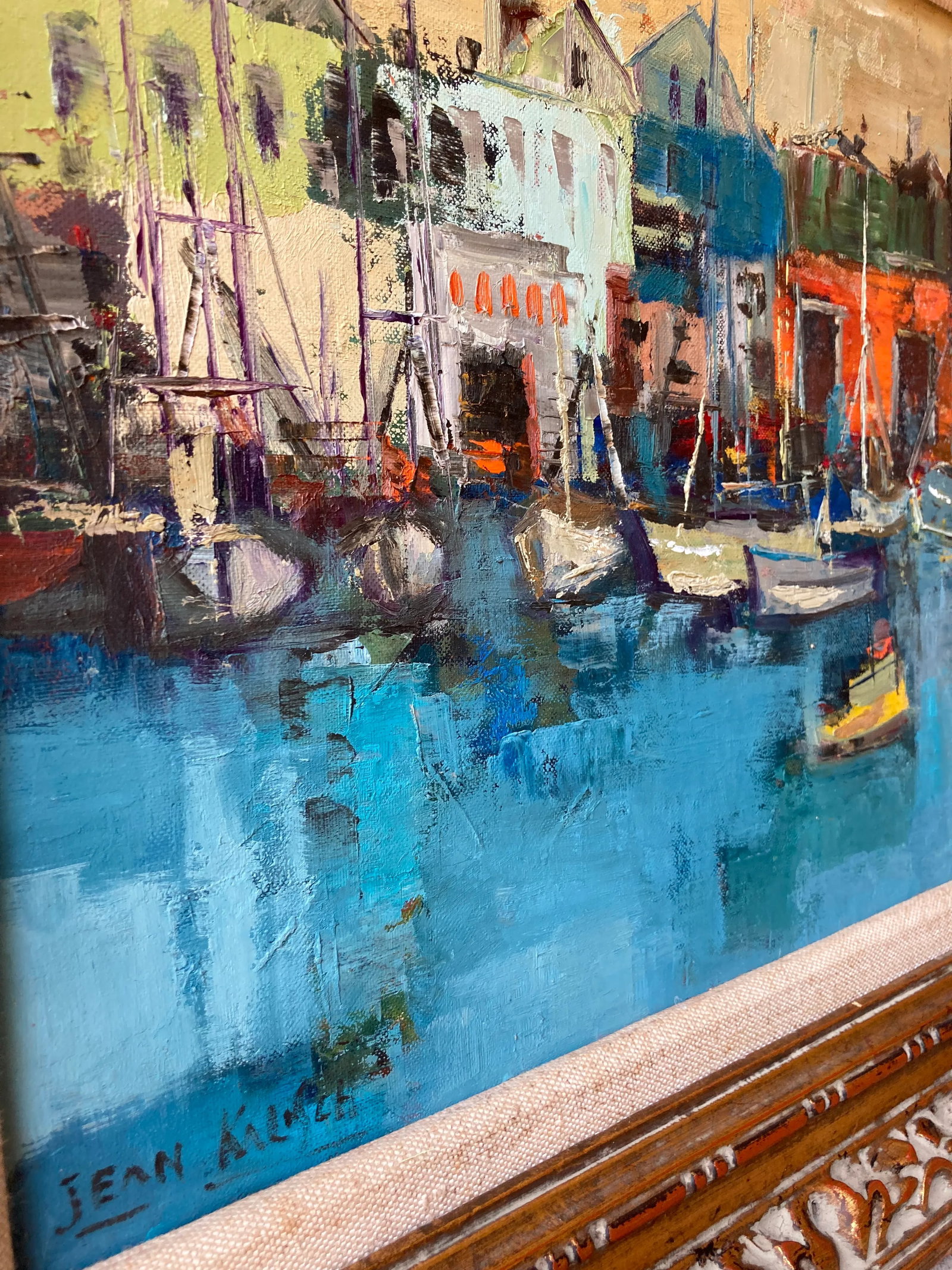 Jean Kalisch Modern Sea Harbor View / Boats Oil Painting Mid Century Gold Gilt Frame - 6