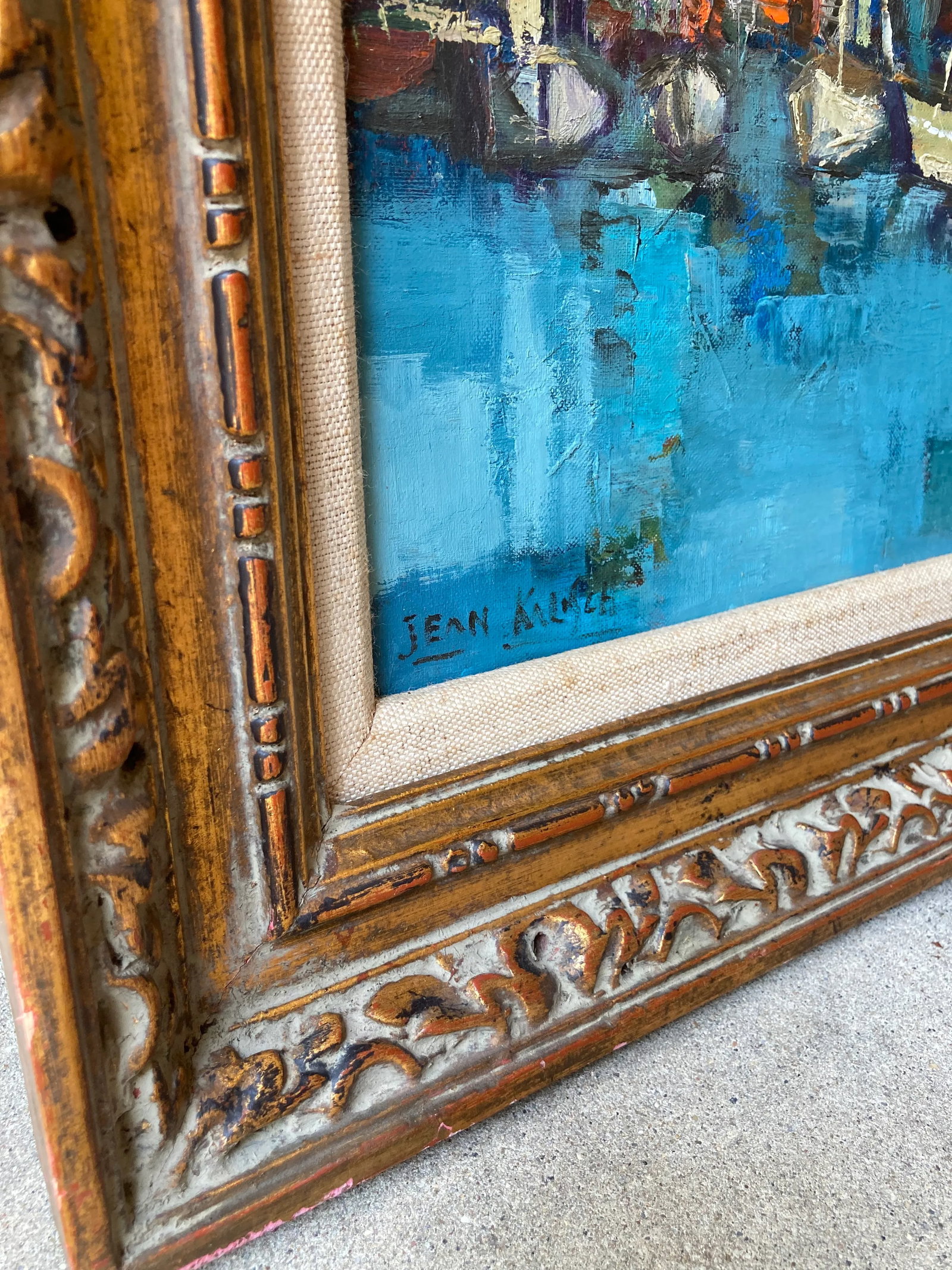 Jean Kalisch Modern Sea Harbor View / Boats Oil Painting Mid Century Gold Gilt Frame - 9
