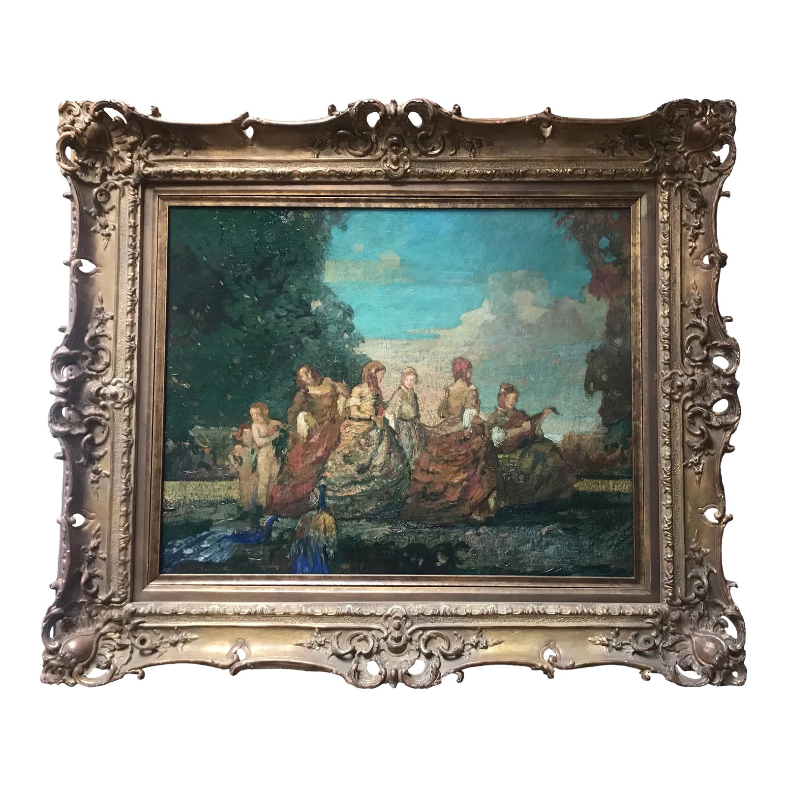 Madrigals Figurative Oil Painting on Wood Panel by Ettore Caser, C. 1925: Ettore Caser (1880 - 1944), an American artist born in Venice, Italy. His work was "discovered" by the Boston society portrait painter and frame designer H. Dudley. Murphy while the artist still lived