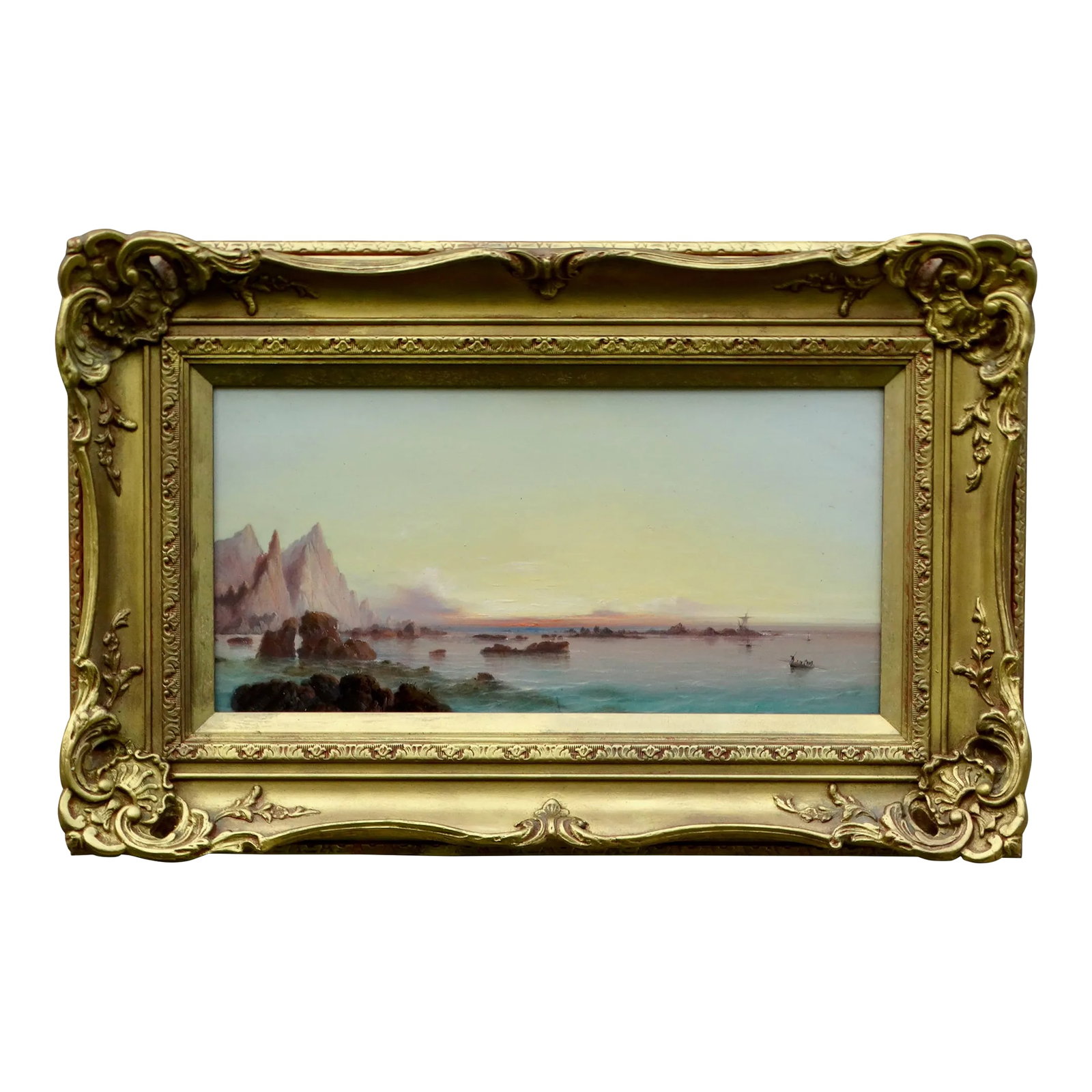 Thomas Hart F. S. A. 1830-1916 'Rocky Seaside View at Sunset': Seaside oil painting by listed UK Cornish artist, Thomas Hart FSA 1830-1916. Titled, 'Rocky Seaside View at Sunset', it is an antique oil on board depicting a view of a seaside setting with huge