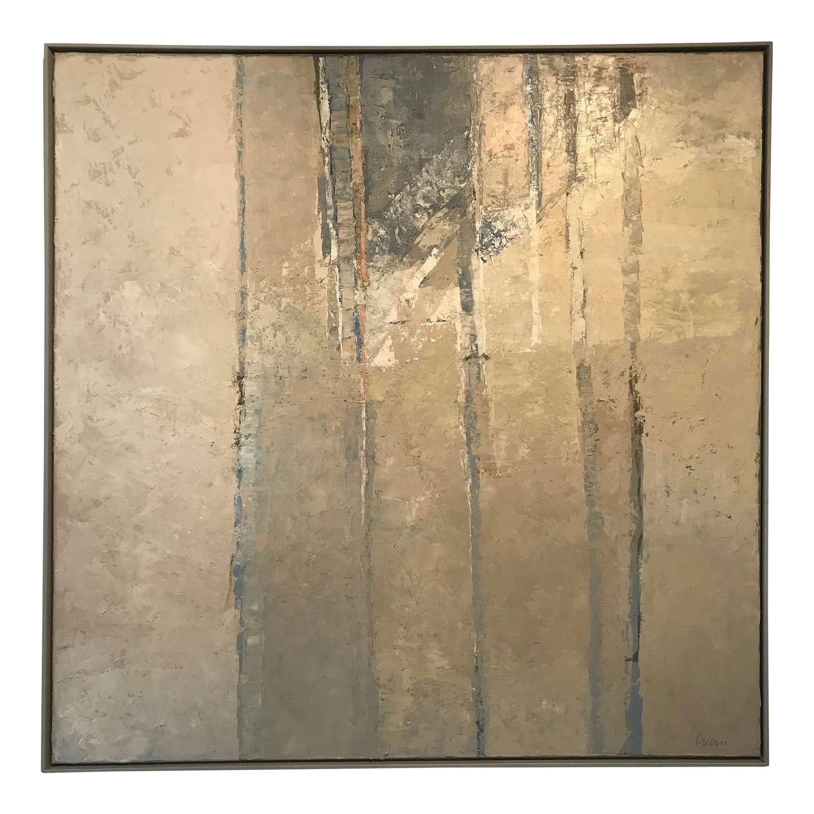 1970s "Swiss Landscape" Oil Painting on Canvas by Urban Cueni: Swiss Landscape Oil Painting on Canvas by Urban Cueni, (b. 1939), 53 X 2 X 53 ins. as shown in painted floater frame. Cueni had a long and distinguished career as a design theorist, architect and arti